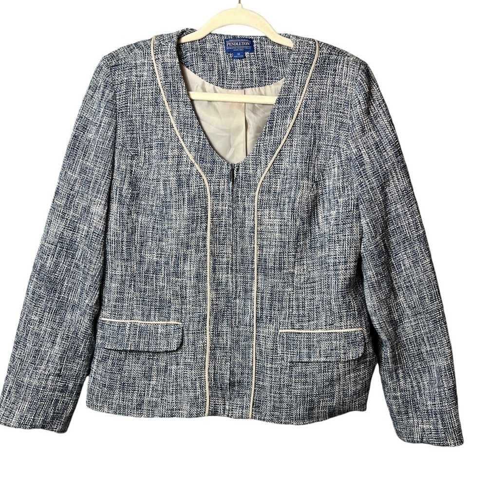 Pendleton Tweed Blazer Women's Size 10 Blue and Tan Zip Up Collarless